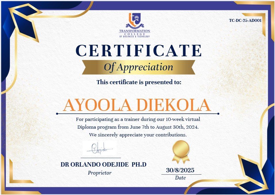 Certificate of Appreciation awarded to Ayoola Diekola