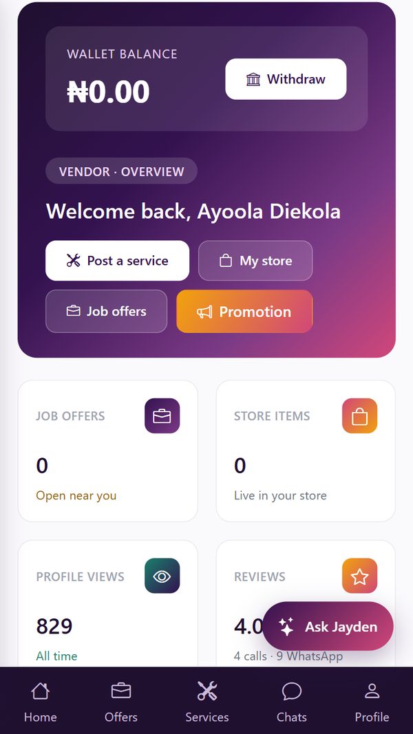 QSNHire vendor dashboard on mobile